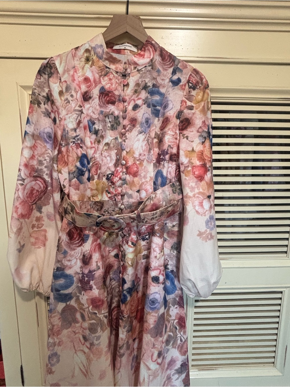 Commense Pink Multi Floral Belted Long Sleeve Dress